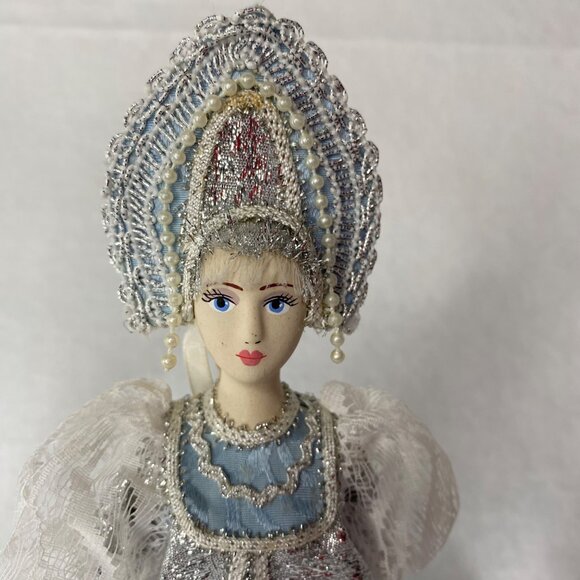 Traditional Russian Folk Doll Blue Dress W/Silver & Lace Handcrafted Collectible - Picture 8 of 11